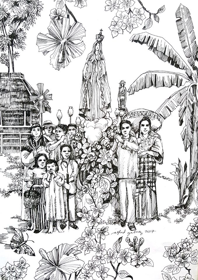 Marian Procession editorial cartoon by Alfred Galvez