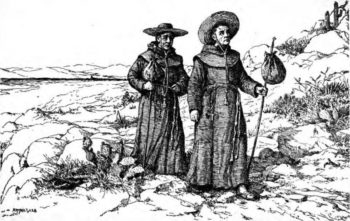 A 1922 sketch of Franciscan missionaries, in their simple cassocks, in California. (Wikipedia Commons)