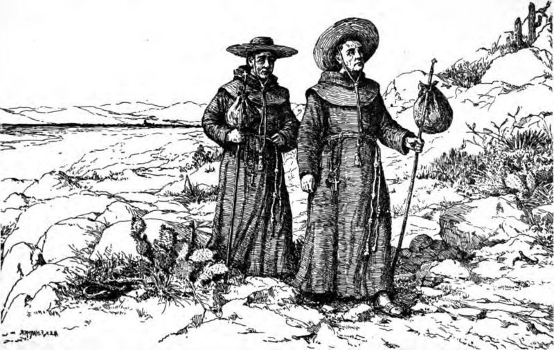 A 1922 sketch of Franciscan missionaries, in their simple cassocks, in California. (Wikipedia Commons)