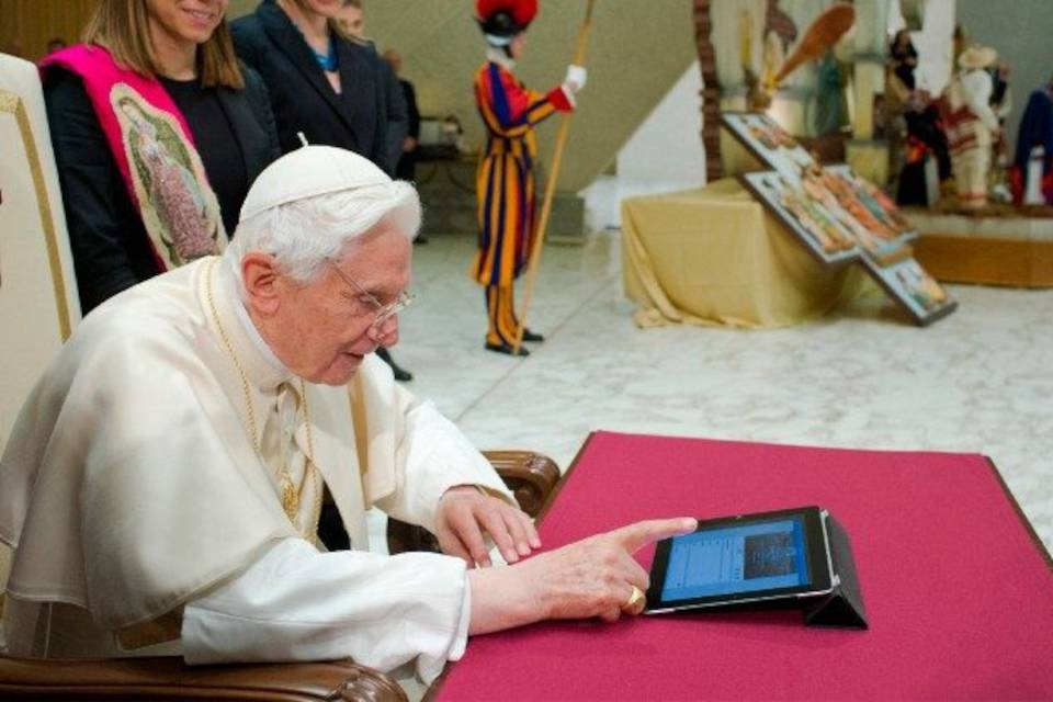 Pope Emeritus Benedict XVI sends the first papal tweet on 12 December 2012