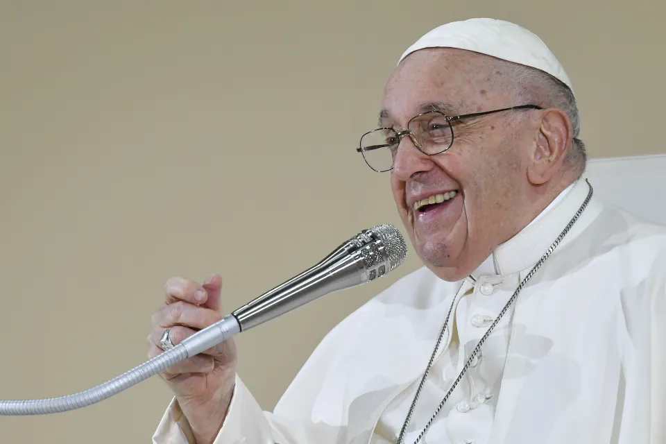 Pope Francis smiles while addressing pilgrims at a vigil gathering on Aug. 5, 2023, at World Youth Day in Lisbon, Portugal.