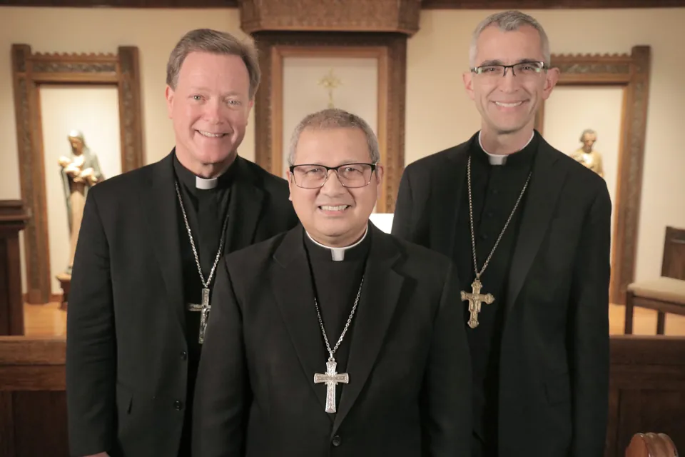 Philadelphia Auxiliary bishops-elect Keith Chylinski (left), Efren Esmilla, and Christopher Cooke.