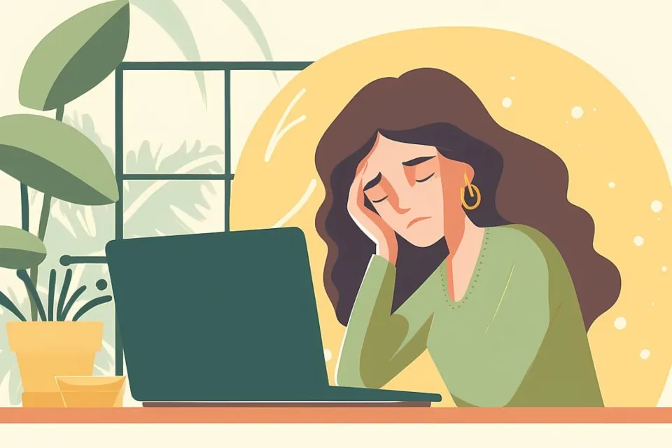 stock illustration of a woman exhausted at work