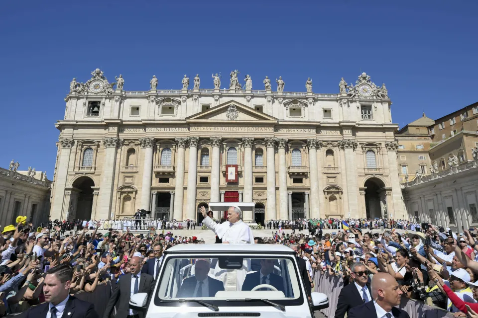 Pope Leo greets pilgrims during the Jubilee of Families, Children, Grandparents, and the Elderly on Sunday, June 1, 2025.