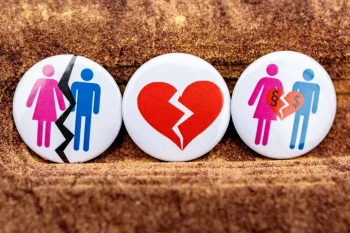 stock photo of three buttons depicting a broken heart, separation of a man and a woman